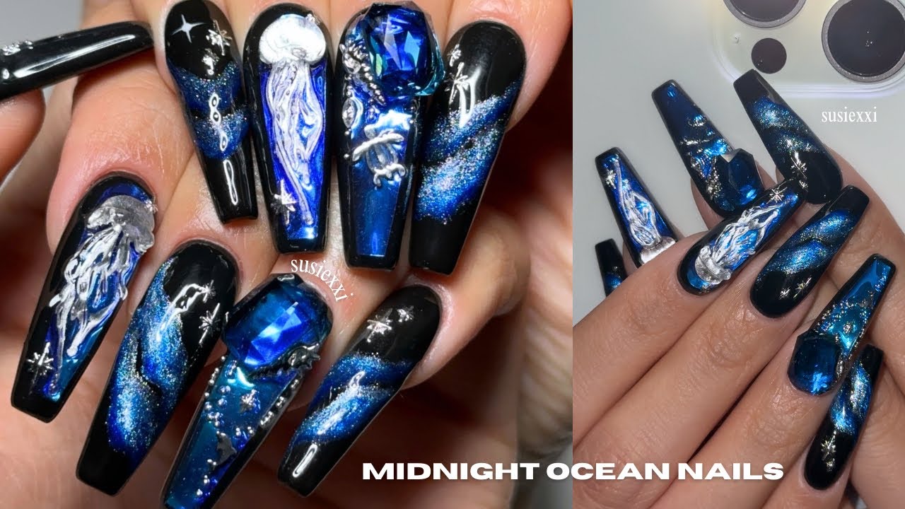 midnight ocean nails 🪼✨ easy gel extensions, nail tutorial, summer nails