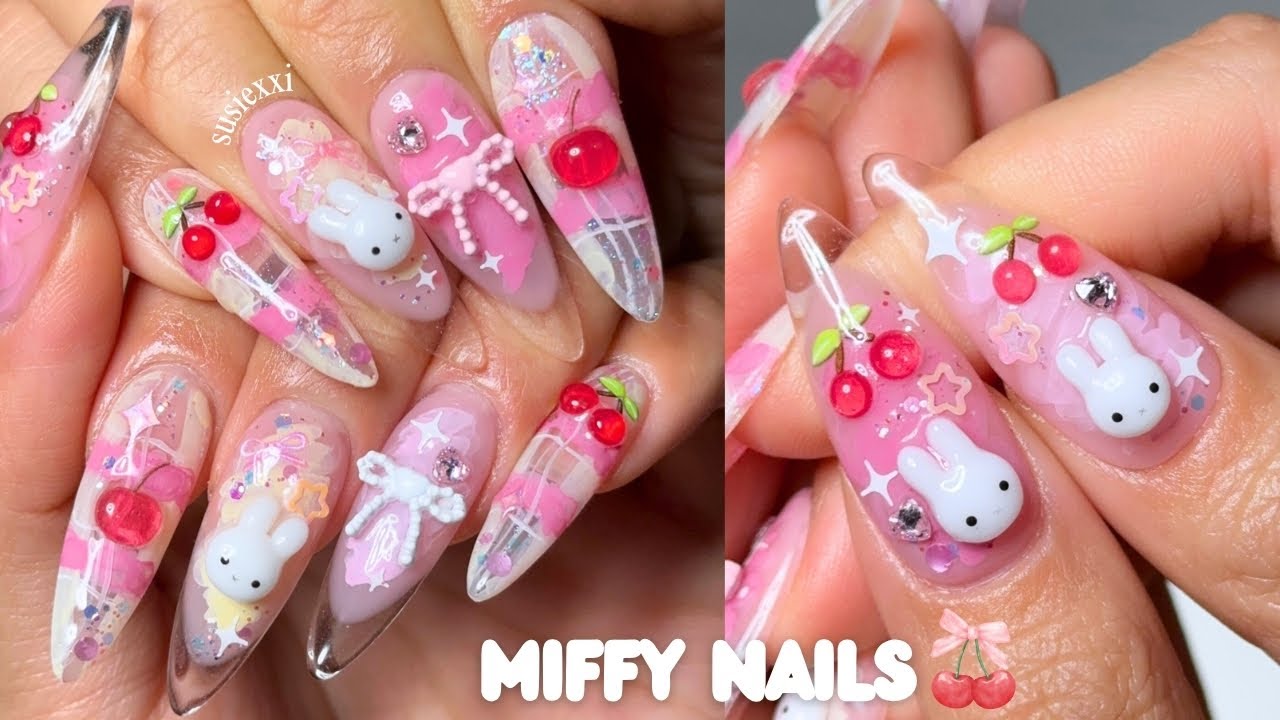 miffy cherry nails 🍒 cute summer nail art, nail extensions, nail tutorial
