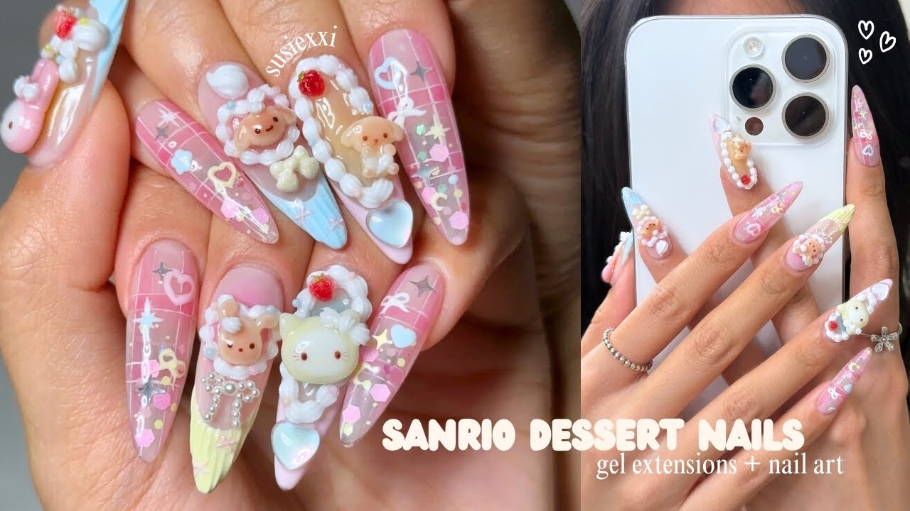 do sanrio cake nails w me 🎂🩵 nail tutorial, gel nail extensions, handmade charms 💭