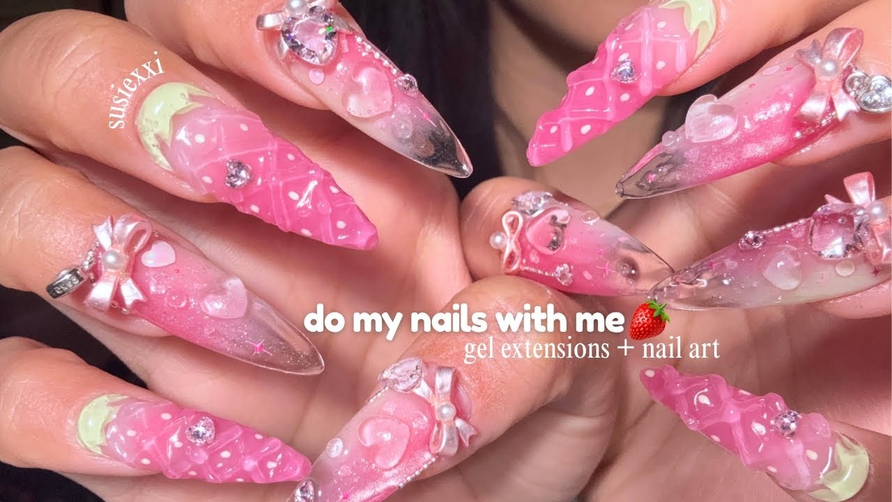 do juicy strawberry nails with me 🍓 summer nails, 3D nail art, gel extensions