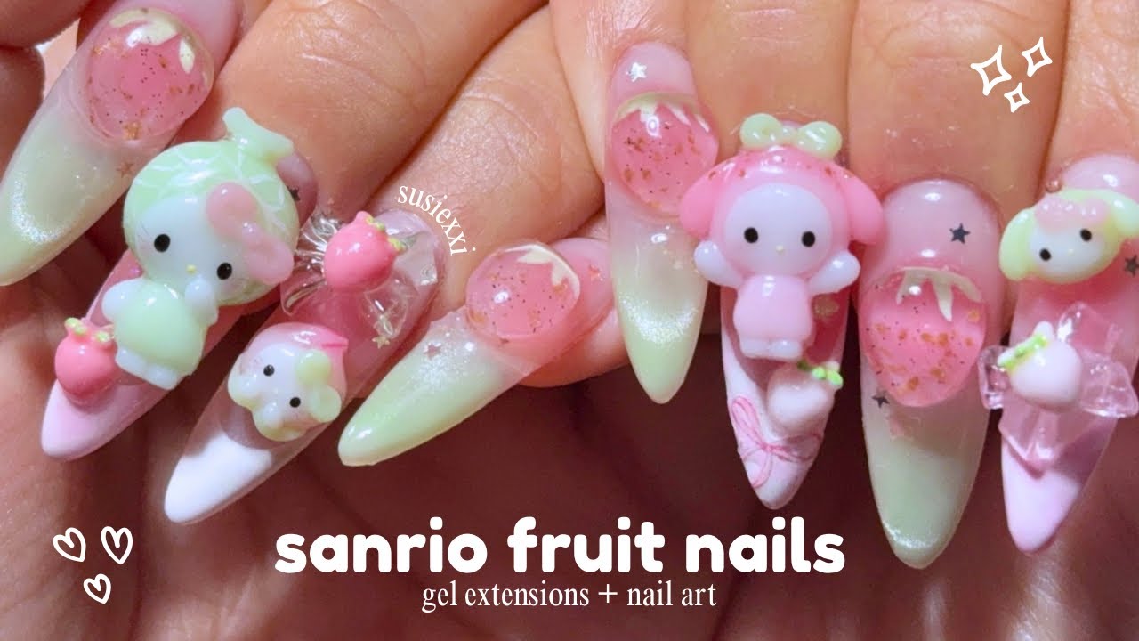 asmr do sanrio fruit nails with me🍈🍓summer nails, 3D nail charms, gel extensions
